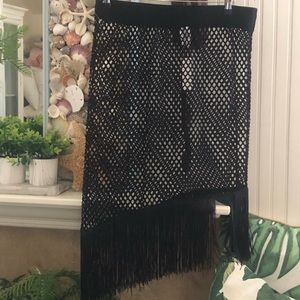 Fun❣️Asymmetrical Black Fishnet & Fringe Cover-Up Skirt Night Club Skirt Plus 1X